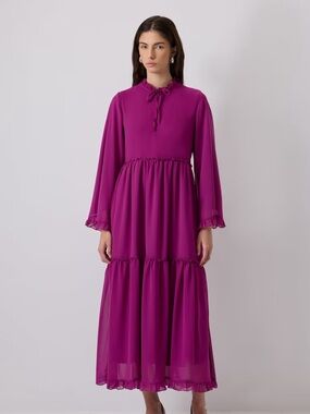 Touche prive Midi Tie-Neck Long Sleeve Dress in Fuchsia